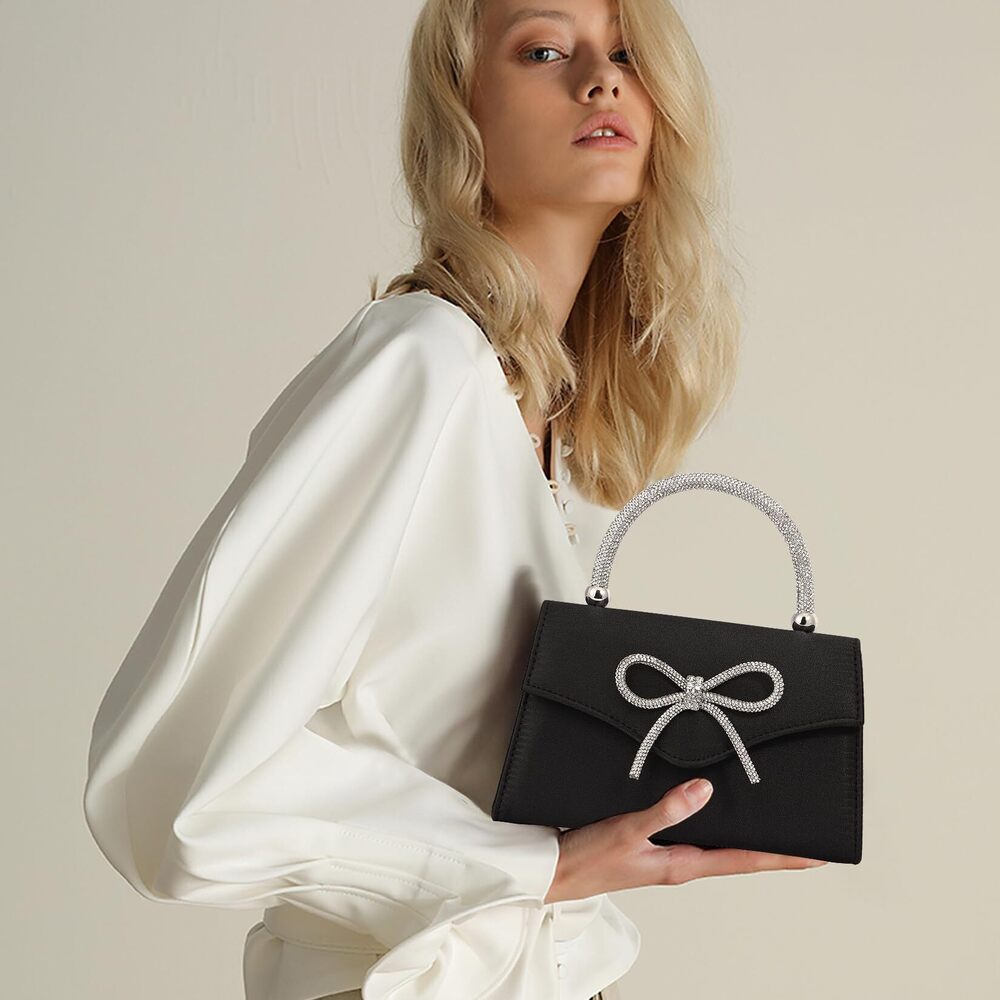 7830 Sparkling Evening Clutch Purse ,Rhinestone Bow Top Handle Party - Picture 2 of 7